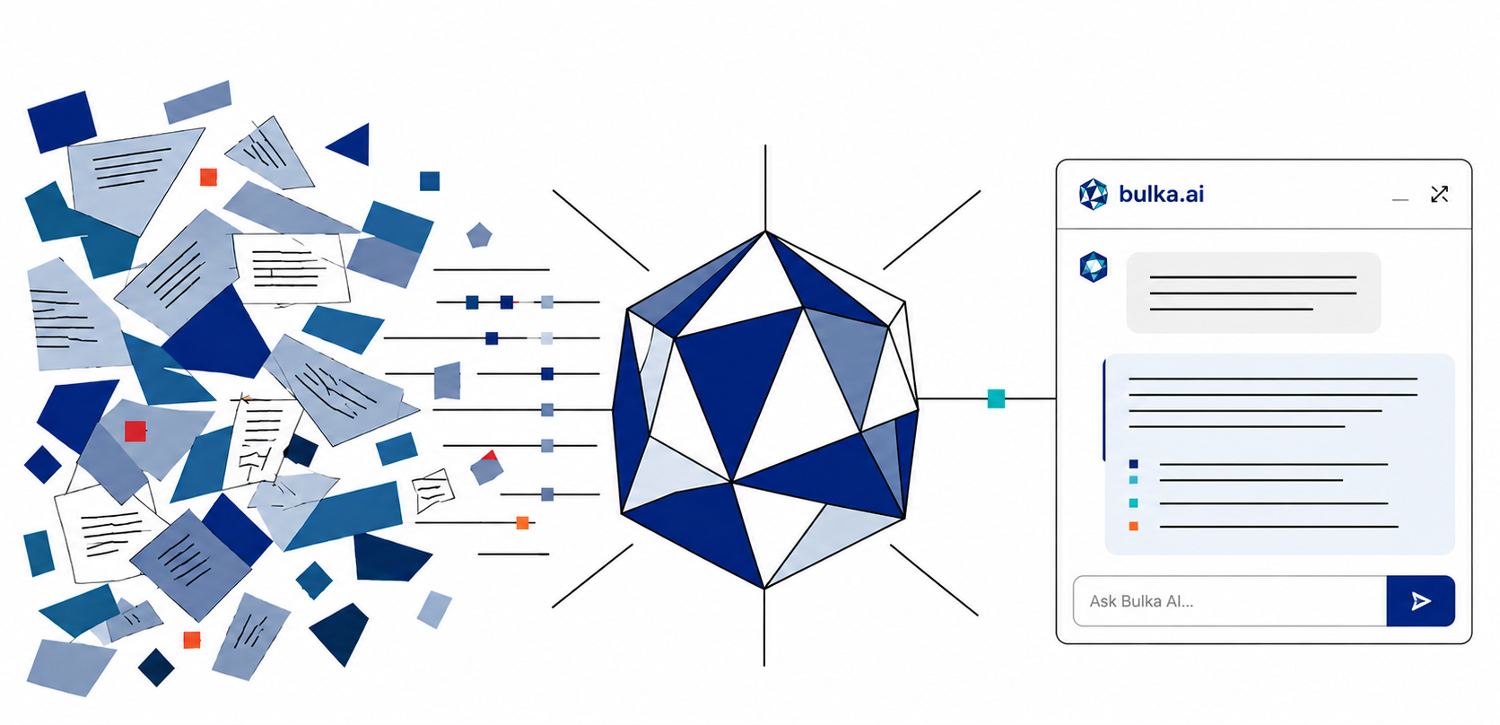 Geometric cubist illustration of a payments analyst working with a structured AI core, with a landscape of mountains, trees and people in the background — representing complexity transformed into clarity.